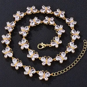 2024 New Butterfly Shaped Necklace Gold Plated Alloy Butterfly Beaded Necklace White Zircon Stone Necklace For Women Girl