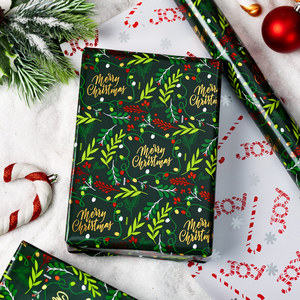 Papel de Regalo con Diseño de Follaje Navideño, Papel Artístico de Doble Cara para Envolver Regalos Navideños - Product Image 1