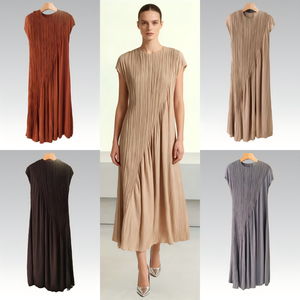 Abito Midi Plissettato Personalizzato da <span class=keywords><strong>Donna</strong></span>, Elegante Vestito a Linea A con Maniche Corte, Colore Kaki, Moda Minimalista, Fornitore OEM ODM all'Ingrosso - Product Image 2