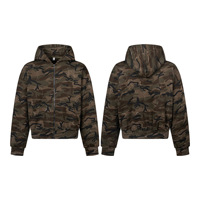 Sweat à capuche zippé camouflage épais 400g pour homme, coupe oversize à épaules tombantes, style streetwear avec poche kangourou