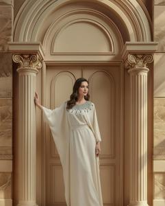 Vestido Maxi Elegante Personalizado Leduo con Mangas de Gasa Beige y Cuello con Cuentas, Ropa Formal Musulmana Modesta para Mujer - Product Image 2