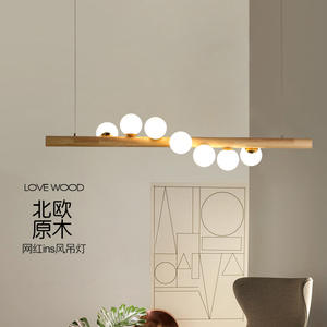 ガラスバブルペンダントライト無垢材シンプルバーLEDシャンデリア北欧レストランシーリングランプ付きログウッドグレイン - Product Image 6