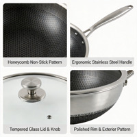 Poêle à frire en acier inoxydable triple couche avec couvercle en verre trempé, chauffe uniforme, compatible induction et gaz, poêle wok antiadhésive