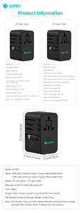 Bộ sạc chuyển đổi đa năng quốc tế COTECI 45W 70W chuẩn <span class=keywords><strong>EU</strong></span> AU US UK tích hợp cáp USB có thể thu gọn - Product Image 6