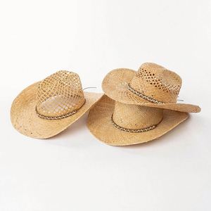 Chapeau de soleil d'été en paille de raphia tressé à la main, tendance, ajouré, style western, avec perles décoratives, pour le voyage, vente en gros - Product Image 1