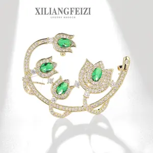 Xiliangfeizi giải phóng mặt bằng bán thanh lịch cổ điển hoa an toàn pin đồng Zircon 14k vàng tăng Trâm cho phụ nữ