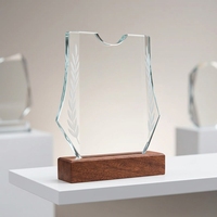 Vente en gros usine : Plaques de trophée en bois MVP, vierges, en verre cristal K9 transparent, avec motif couronne de lauriers gravé et base en bois