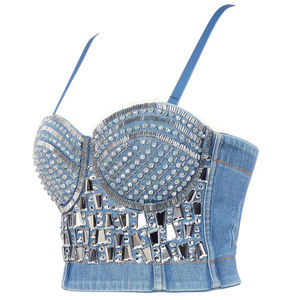 Fabricants de vêtements pour femmes Mode personnalisée Top corset sexy dos nu Bustier bleu scintillant avec strass et détails en cristal - Product Image 2