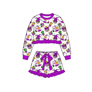Preorder Girls Mardi Gras Print Long Sleeve Top Ruffle <b>Shorts</b> 2Pcs Set Boutique Outfit for <b>Toddler</b> Kids - Product Image 4