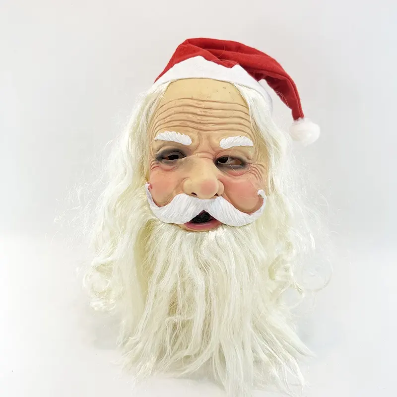 Christmas Party Full Headgear Red Hat White Beard Christmas Santa Latex Mask For Adult