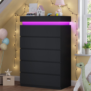 Cómoda Alta de 5 Cajones con Luz LED, Cómoda Moderna Negra para Dormitorio, Cómodas para Armario - Product Image 1