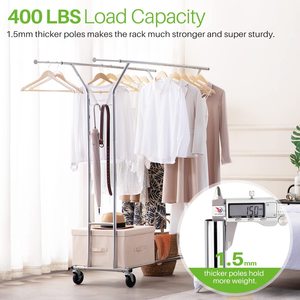 <strong>Clothing</strong> Garment Racks <strong>Heavy</strong> <strong>Duty</strong> Double <strong>Rails</strong> Adjustable Collapsible Rolling Clothes Rack on Wheels Adjustable Clothes Rack - Product Image 2