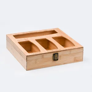 Neue Bambus Holz nach Hause hängen Lager regal, Druck verschluss Lebensmittel beutel Aufbewahrung sbox Organizer oben offen für Küche Tischplatte Kunststoff Schublade