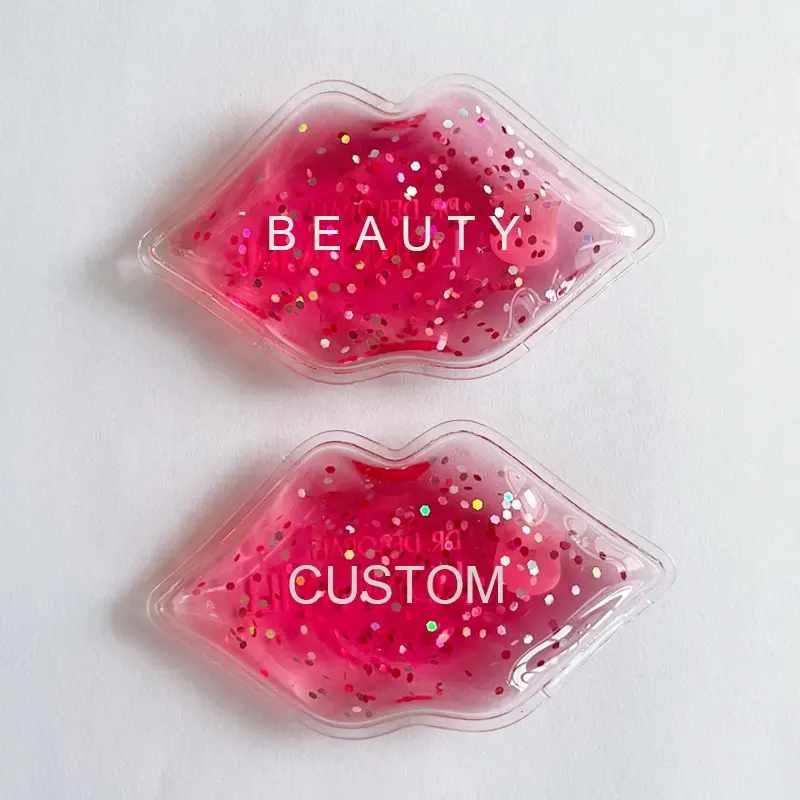 Custom Logo Cosmetics Hot selling Beauty gel PVC hot cold pack Lip Shape Ice Packs With Glitter Cooling Pad