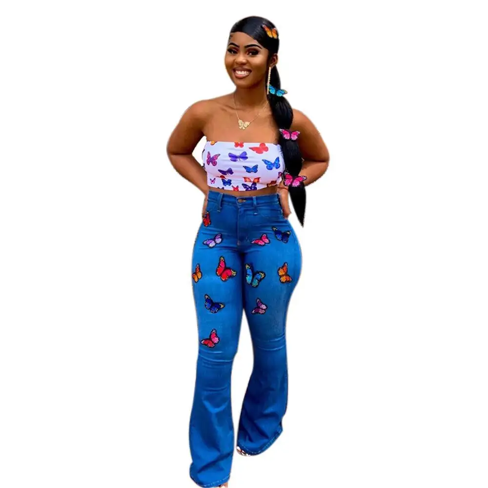 Women Plus Size Butterfly Print Leggings High Elastic Waisted Jeans Workout Bandage Pocket Casual Bell Bottom Female Jeans