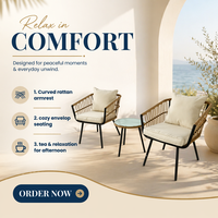 Ensemble bistrot moderne pliable en rotin tressé 2 pièces avec table d'appoint en verre trempé à cadre noir et coussins lavables crème pour extérieur