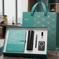 Ensemble cadeau d'affaires personnalisé le plus vendu : Carnet en PU motif feuille cyan, thermos, stylo, porte-clés, batterie externe et sac pour entreprise