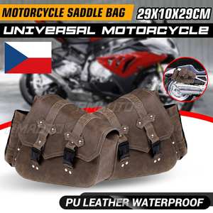 Sacs de selle de moto imperméables, pochette à outils latérale, sacs de rangement en cuir PU avec porte-bouteille, marron vintage universel - Product Image 1