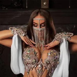 Sexy Belly Dance Trang Trí Chuỗi Rhinestone Trang Sức Giai Đoạn Câu Lạc Bộ Đêm Khiêu Vũ Ấn Độ Mặt Nạ Pha Lê Lễ Hội Mũ Nón Phụ Kiện