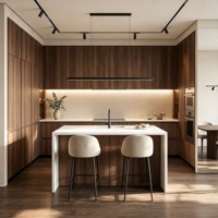 Meuble de cuisine moderne en placage de noyer sans poignées, îlot de cuisine en marbre mosaïque, comptoir de bar pour villa, cuisine ouverte