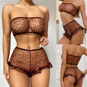 Factory direct sales new women's sex suit sexy women gauze red heart two-piece set perspective sex underwear