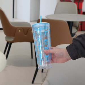 Tazza di paglia a doppio strato in plastica con papillon a colori con stampa trasparente tazza da caffè Casual per auto bicchiere dritto con coperchio in paglia - Product Image 4