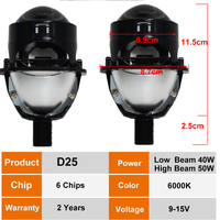 YHKOMS Nouveau projecteur Bi-LED D25 50W 6000K 12V à double lentille pour phares de voiture, 2,5 pouces, ajustement universel, accessoires automobiles