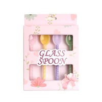 Ensemble de cuillères en verre colorées, quatre pièces, écologiques, résistantes à la chaleur, design floral, avec longues poignées, boîte cadeau rose, marque LONGXIN
