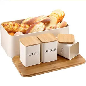 Weiße Metall Eisen große Küchen arbeits platte Brot Box und 3 Stück Zucker Tee Kaffee behälter Sets