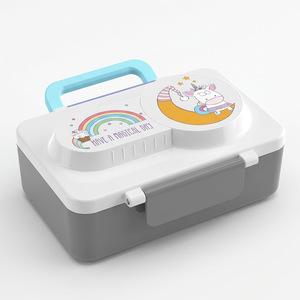 Boîte à lunch en plastique 3 compartiments, conservation de la fraîcheur, simple niveau, taille M, pour étudiants et enfants, avec poignée - Product Image 1