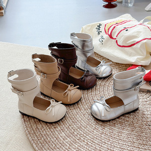 Nouvelles Bottes de Ballet Mi-Mollet pour Filles Style Cowgirl avec Talon Compensé, Nœud et Boucle pour l'Automne et le Printemps - Product Image 4