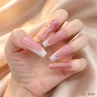 Uñas postizas al por mayor con punta francesa profunda, largas, estilo ataúd, color rosa empolvado con purpurina, uñas artificiales con logo personalizado, reutilizables