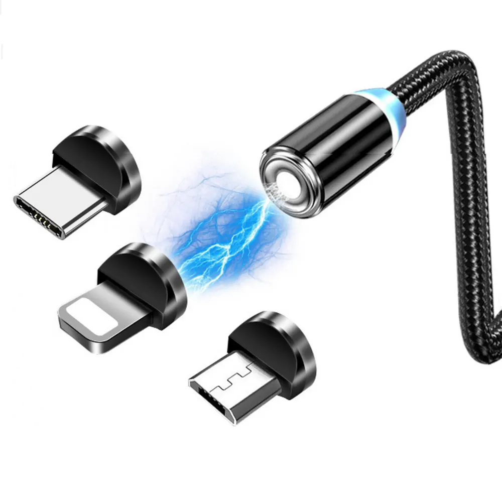 3 in 1 nylon braid 3A multi Led magnetic usb c charger magnet cable 360 data cable for samsung iphone magnetic charging cable