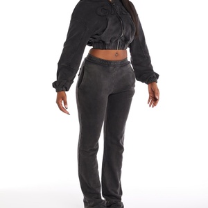 2024 ropa de calle de gran tamaño 100% algodón francés Terry desgastado bordado parche chándal Vintage lavado ácido conjunto de Sudadera con capucha para mujer - Product Image 3