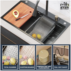 Wastafel dapur air terjun hujan Premium, desain Anti gores mangkuk tunggal Stainless Steel 304