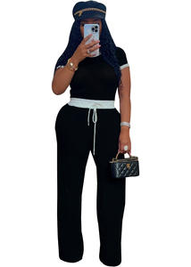 Setelan Baju Wanita 2 Potong, Atasan Crop Top Lengan Pendek dan Celana Panjang Model Lurus, Gaya Kasual Musim Panas dengan LOGO Custom - Product Image 4