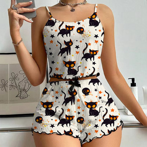 Côtelé Halloween imprimé sans manches haut à bretelles femmes costume fille chaude court Sexy jarretelle Shorts personnalisé vêtements de détente femmes ensembles - Product Image 2