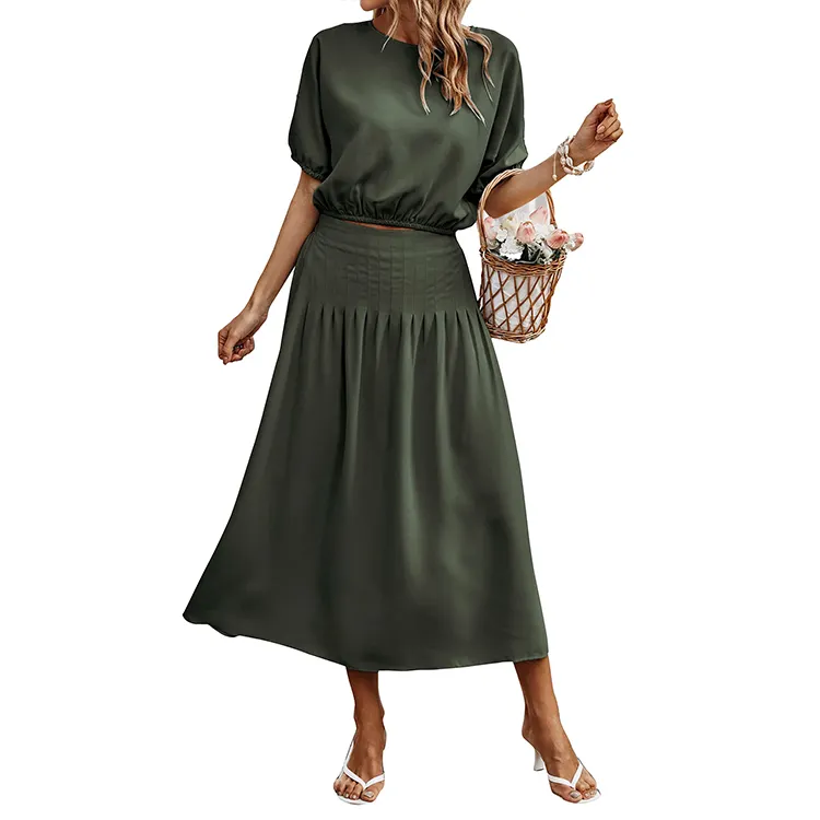 2023 Women's Summer Solid Casual Outfits Loose Puff Sleeve Crop Top Pleated Long Skirt 2 Piece Set Dress