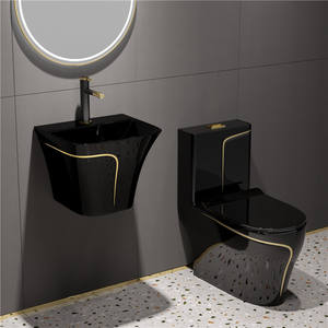 Inodoro de Cerámica de Alta Calidad con Borde Dorado Negro de Lujo, Lavabo Suspendido en la Pared, Juego de Inodoro de Una Pieza - Product Image 3