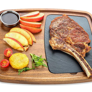 Plato para carne de madera de acacia, rectangular, color marrón oscuro, losa de piedra de color sólido, estilo occidental, para cenas, hoteles y fiestas. - Product Image 1
