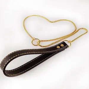 Drop Shipping Real Leather Handle Durable Chew Proof Colorful Free Custom Size Training Dog Chain Slip Lead Dog Leash