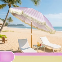 Parasol de plage/piscine extérieur imperméable en polyester résistant aux UV, à rayures roses, en macramé, avec franges