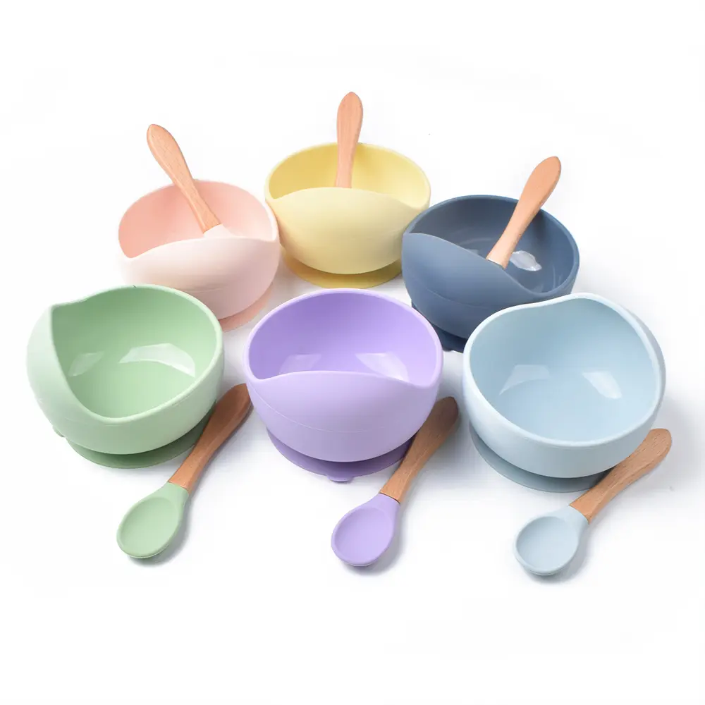 Hot Sale Microwave Safe Spill Resistant Silicone Rubber Feeding Bowl Suction Silicone Baby Bowl with Spoon