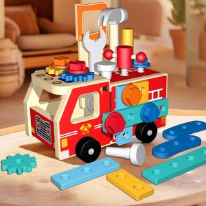 Wood Gift Kid-Safe Puzzle Shape Sorting <b>Tools</b> Take-Apart Stem Vehicle Wooden <b>Fire</b> Truck Toy - Product Image 5
