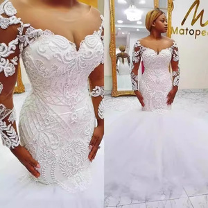 Matopeda Mermaid Wedding Dress White Embroidered Lace Off Shoulder Long Train Vintage Style Bridal Gown - Product Image 3