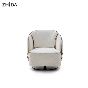 Fauteuil de salon individuel de luxe nordique en mélange coton-lin, chaise de détente moderne à dossier haut avec base métallique rotative - Product Image 2