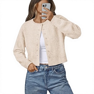 Cárdigan de punto corto beige para mujer, manga larga, cuello redondo, con botones, suéter informal - Product Image 1