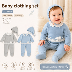 Combinaison bébé en coton KAIYUE, ensemble deux pièces tricoté sur mesure pour nouveau-né, avec col Peter Pan, bande <span class=keywords><strong>de</strong></span> dentelle, ruban, pompons et bonnet - Product Image 1