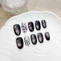 Faux ongles gothiques à presser, faits main, courts carrés, effet œil de chat noir, avec accents aurore