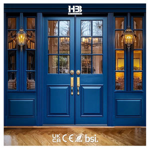 باب خشبي صلب مصمم حسب الطلب باللون الأزرق البحري على الطراز الفرنسي بتصميم عصري مع إدراج زجاجي مقاوم للماء للمدخل الرئيسي الخارجي للفيلا - Product Image 1